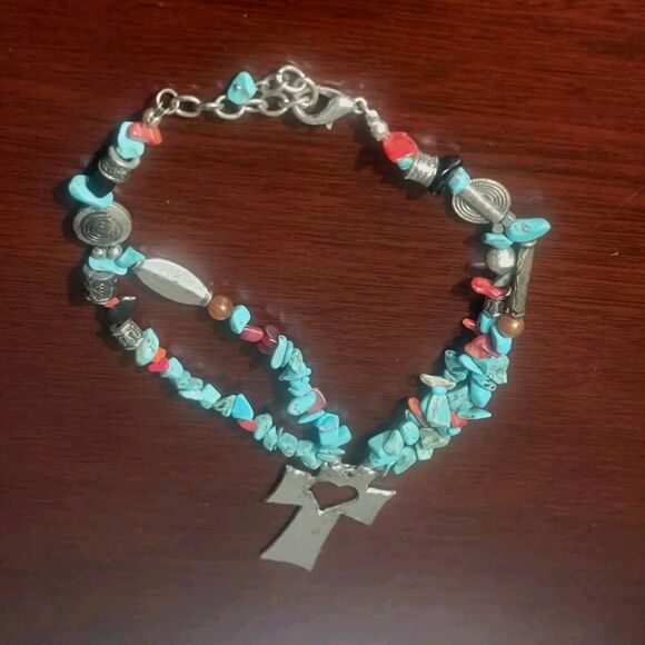 Southwestern Navajo Turquoise Double Strand Necklace Pewter Ankh Pendant Heart - Picture 5 of 12